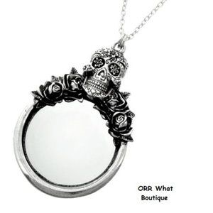 Sugar Skull Roses Necklace Earrings Skeleton Halloween Magnifying Glass Jewelry